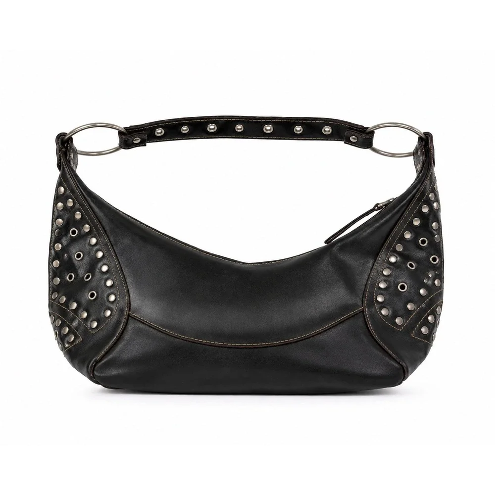 Vintage Y2K Black Leather Studded Punk Edgy Grunge Hobo Shoulder Bag